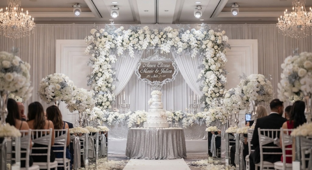 Mariage de Luxe Fleurs Blanches et Argent