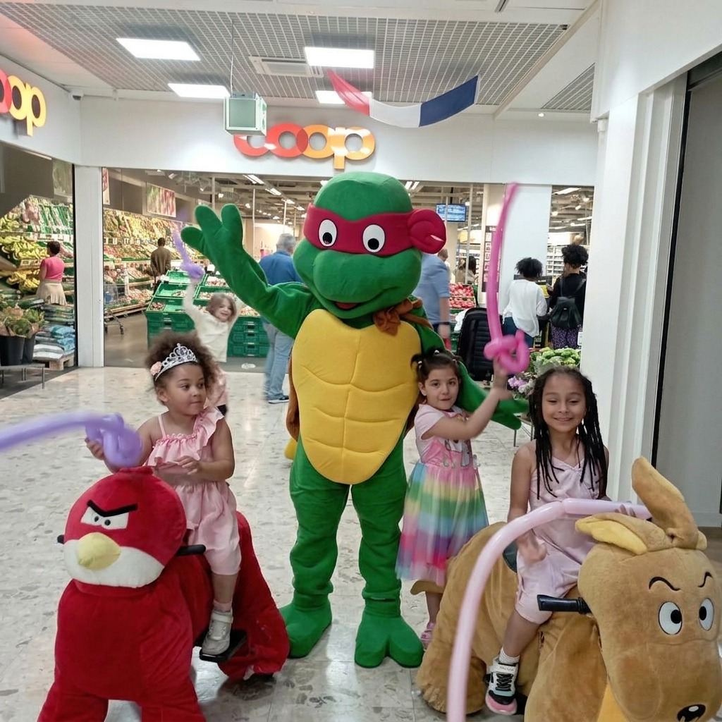 Mascotte Tortue Ninja et sculptures sur ballons lors d'une animation Coop