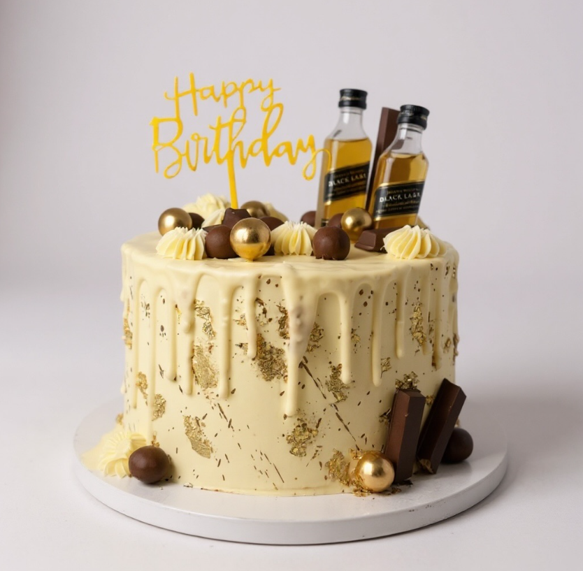 Gâteau White Drip Black Label Whisky et Or Comestible
